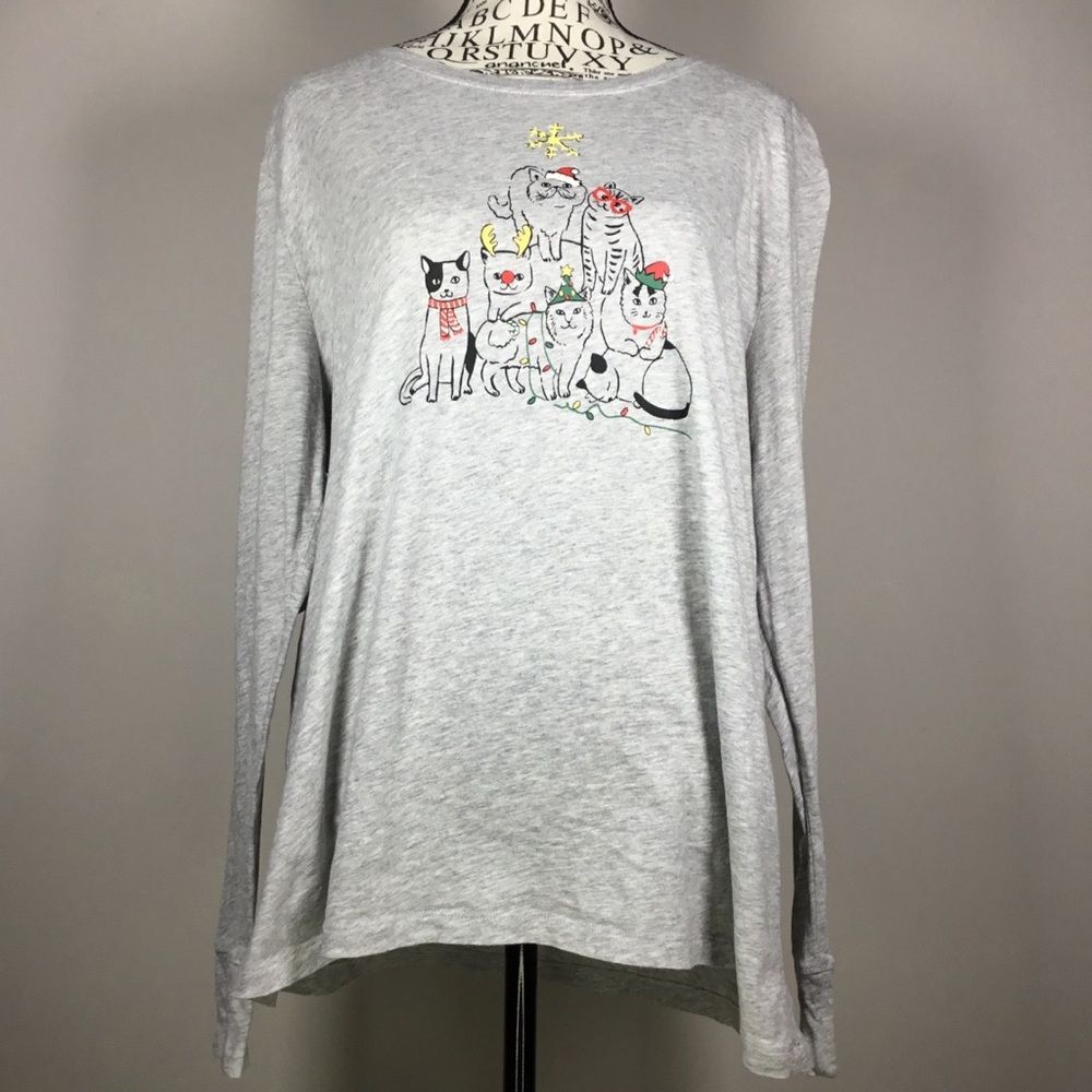 Sleep Sense 100% cotton cats as a Christmas tree print long sleeve grey top sz L